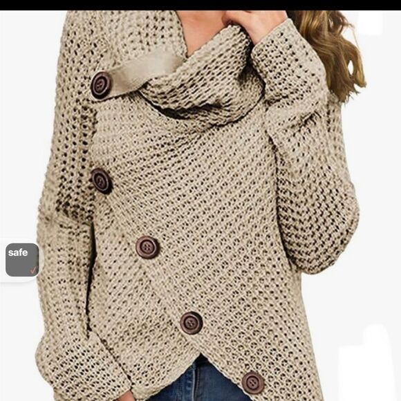 Grecerelle Tan Waffle knit cowl Asymmetric Hem Wrap sweater  cardigan Sz M - Picture 7 of 8